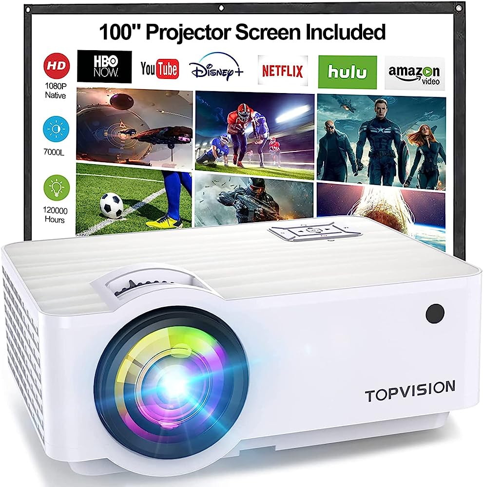 TOPVISION Mini Projector, Native 720P Home Cinema Projector Supports 1080P Full HD, 7000 Lux Video Projector with 300 Inch Display, 120,000 Hours LED Projector Compatible with HDMI/USB/SD/AV/VGA